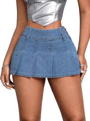 MakeMeChic Women's Casual Pleated Flared Hem Denim Skirt Zipper Button Side Beaded Mini Skirts in Saudi Arabia