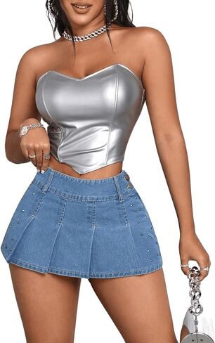 MakeMeChic Women's Casual Pleated Flared Hem Denim Skirt Zipper Button Side Beaded Mini Skirts in Saudi Arabia