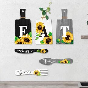 Bucherry Set of 6 Sunflower Kitchen Decor Sets Eat Signs Fork and Spoon Wooden Kitchen Wall Decor Hanging Plaques Farmhouse Sunflower Kitchen Decor and Accessories(Black, White, Gray)