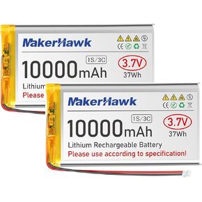 MakerHawk 3.7V 10000mAh LiPo Battery Rechargeable 1S 3C Lithium Polymer Battery with Protection Board Insulated Rubber Tape, PH2.0 Plug for Arduino ESP32 Board RPI Battery Pack UPS (1 Pack)