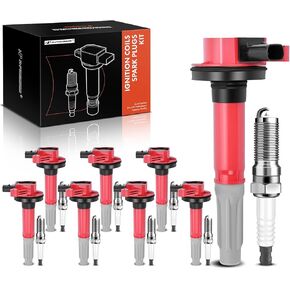 A-Premium (Red) Ignition Coils and Spark Plugs Kits Compatible with Ford F-150 2011-2016, Mustang 2011-2015, 5.0L 8-PC Set