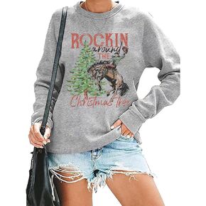 QIANRUO Rocking Around The Christmas Tree Sweatshirt Women Retro Christmas Western Cowboy Shirt Casual Long Sleeve Pullover