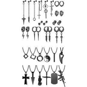 FIASASO 22Pcs Dangle Earrings for Men Stainless Steel 12Pcs Stainless Steel Pendant Necklace for Men Cool Goth Necklace …