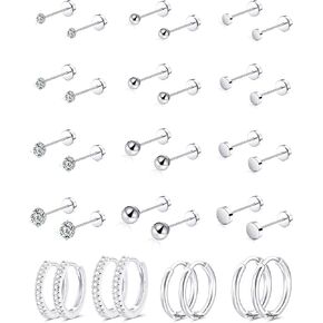 Akeoqi 16 Pairs Small Stud Earrings Stainless Steel Flat Back Tiny Stud Earring Huggie Hoops for Women Men CZ Ball Disc Stud Screw Back Cartilage Earring Set for Multiple Piercing 20G Gold Silver Tone