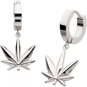 316L Stainless Steel Pot Leaf Dangling Huggie Hoop Earrings, Sold as a Pair