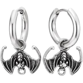 Mens Vintage Flying Bat Hoop Earrings, Stainless Steel, Gothic Punk Halloween Jewelry