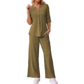 Ahlaray Women 2 Piece Outfits 3/4 Sleeve Lounge Set Casual V Neck Pullover Tops Wide Leg pants Loungewear, M-3XL