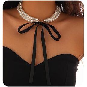 1920s White Pearl Choker Trendy Black Ribbon Bow Necklace Chunky Multi Layered Collar Wedding Bridal Flapper Necklace for Women