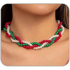 Christmas Choker Necklaces for Women Santa Claus Jingle Bell Christmas Tree Choker Necklace Faux Pearl Colourful Bead Braided Twist Necklace Xmas Lace Beaded Chain Multi Layer Necklace Stocking Stuffers Christmas Gifts 2024