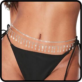 ELABEST Layered Belly Chain Rhinestone Waist Chain Adjustable Waist Jewelry for Women (A(Silver), 39.3+7.8inch)