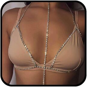Urieo Sparkly Rhinestone Bra Chain Silver Crystal Chest Chains Layered Sexy Beach Party Body Chain for Women