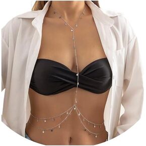 Bounzhi Silver Sexy Body Chain Crossover Thin Bra Bikini Waist Belly Body Chains Beach Body Necklace Jewelry for Women