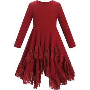 IDOPIP Girls Sweater Dress Toddler Fall Dresses Kids Long Sleeve Ribbed Knit Sweaters Handkerchief Lace Ruffle Casual Dresses