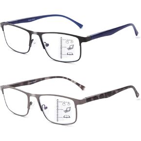2 Pack Mens Progressive Multifocus Reading Glasses, Blue Light Blocking Computer Readers No-Line Multifocal Eyeglasses
