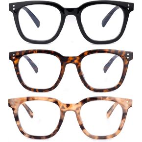 3 Pack Reading Glasses for Women Men, Square Blue Light Blocking Reading Glasses with Spring Hinge Anti Eyestrain Eyeglasses, Computer Readers with Glasses Chain, +2.0