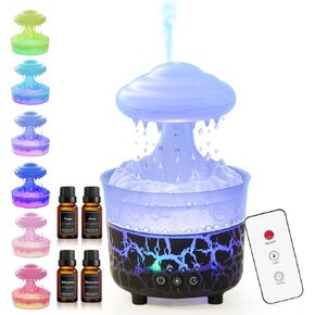 Aroma Diffusers for Home, Rain Cloud Humidifier Water Drip,Mushroom Essential Oil Diffuser, Spray Mist and Rain Drop at The Same Time,for Largeroom,Bedroom,Colorful Light,Gifts(Black Cracks