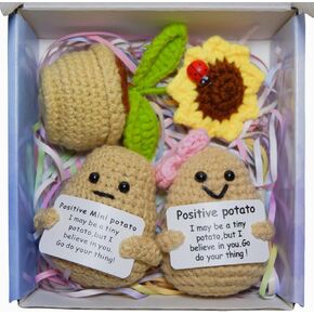 Positive Mini Potato, 3PCS Funny Emotional Support Potatoes Dolls Sunflower Pot, Handmade Knitted Doll Crochet Cute Decoration Cheer up Gifts with Positive Card, for Women Mom Sisters Friend