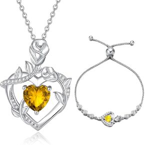 AGVANA November Birthstone Jewelry Citrine Necklace Bracelet for Women Sterling Silver CZ Rose Flower Heart Pendant Mothers Day Gifts for Mom Anniversary Birthday Gifts for Girls Her