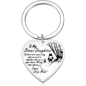 Ralukiia To My Bonus Daughter Necklace Keychain from Step Mom Dad, Pooh Bear Piglet Jewelry Gifts for Stepdaughter, Inspirational Heart Pendant Gift for Girls from Stepmother Stepfather