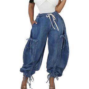 Voghtic Women's Baggy Y2K Elastic Waisted Jeans Bow-Knot Drawstring Pull-On Cargo Denim Pants Harem Pants Streetwear in Kuwait