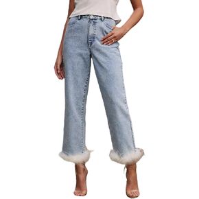 Cropped Jeans for Women Feather Trim Straight Leg High Waist Button Fly Denim Pants