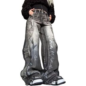 Men's and Women's Jeans Y2K Jeans Retro Fashion Street Clothing Graffiti Patchwork Loose Jeans Straight Leg Pants