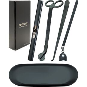 5 in1 Candle Accessory Set with Rechargeable Candle Lighter, Candle Wick Trimmer, Candle Wick Snuffer, Candle Wick Dipper, Storage Tray Plate, Candle Care Kit (Matte Black)