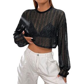 WDIRARA Women's Sequin Striped Drop Shoulder Round Neck Long Sleeve Sheer Knitted Crop Top