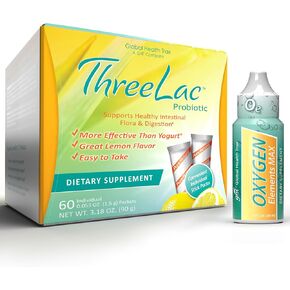 Ultimate Gut & Oxygen Duo: ThreeLac Lemon Probiotic Powder (60 Packets) & Oxygen Elements Max Drops (1oz) - Digestive Support & Cellular Vitality
