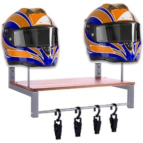 Motorcycle Helmet Holder Wall Mount, Helmet Stand Display for Motorcycle Helmet Rack with 4 Glove Clips, Helmet Hanger with Motorcycle Accessories, Motorcycle Gear Storage Rack - Silver