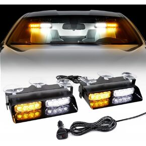 OPP ULITE White Amber 2 in 1 Emergency Dash Strobe Lights, 16-LED, Interior Windshield Deck Split Safety Hazard Warning Light w/Suction Cups for Construction Car Trucks Vehicles, 2PC Pack
