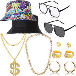 Hip Hop Costume for Men Women, 12 Pack Rapper Costumes Accessories Includes Sunglasses Dollar Sign Bucket Hat for 80s 90s Party Decorations