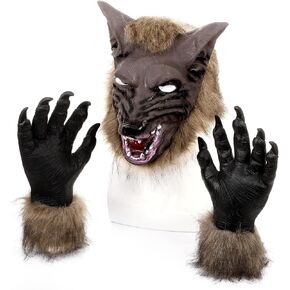 Halloween Werewolf Costume Set Wolf Head Mask and Wolf Claws Gloves Paws monster animal face for Adults Horror Costumes Party Cosplay Werewolf Dress up