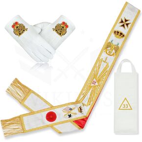33rd Degree Scottish Rite Masonic Regalia Sash - Right-to-Left, Handmade Embroidered, Includes Leather Sash Case & Free Cotton Gloves