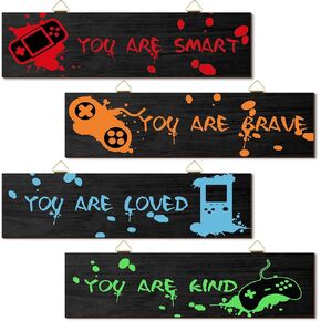 4 Pieces Gaming Decor for Boys Room Wooden Video Game Wall Art Print 11.8 x 3 Inch Motivational Quote Gamer Hanging Plaques Wall Decor for Boys Kids Room Bedroom Playroom Decorations (Vivid Style)
