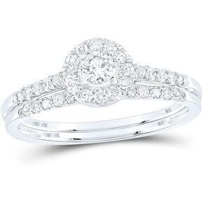 Solid 10K White Gold Real Natural Diamond Bridal Matching Engagement Ring Wedding Band Set 1/2 Carat (.52 Cttw)