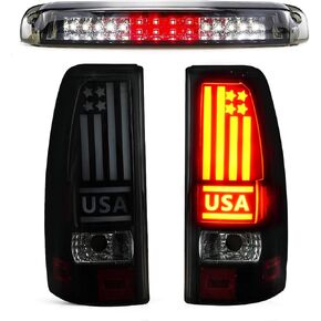 مجموعة مصابيح LED الخلفية + طقم مصابيح الفرامل الثالثة مناسب لسيارة Chevy Silverado 1500 2500 HD 3500 HD 2007-2014، لسيارة GMC Sierra 3500 HD 2008-2014 مع عجلة مزدوجة فقط، 3 قطع، عدسات دخان من الكروم