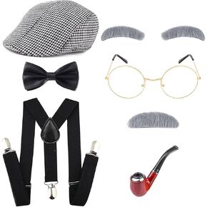 Kids 100 Days of School Costume Accessories Set for Boys, 1920s Old Man Costume Grandpa Accessories Hat Glasses Set