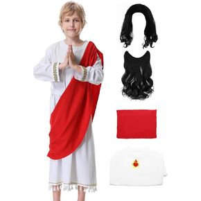 Jesus Costume Biblical Robe Shepherd Cosplay Religious Outfits with Wig Moustache Set for Kids