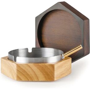 Wooden Ashtray with Lid for Smokers Hexagonal Ash tray with Stainless Steel Liner Easy to Clean Cool Ashtrays for Home Office Indoor Outdoor Decoration