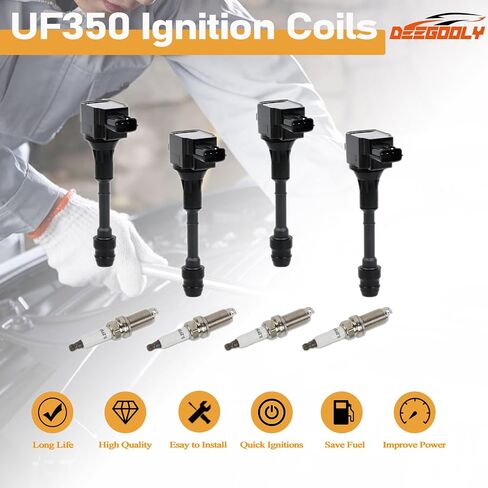4 قطع من ملفات الإشعال UF350 وLFR5AGP شمعات إشعال إيريديوم متوافقة مع Nissan Altima Sentra 2002-2006، X-Trail 2005-2006 L4 2.5L استبدال #22448-8H315 22448-8H310 C1398 in Kuwait