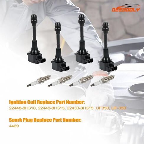 4 قطع من ملفات الإشعال UF350 وLFR5AGP شمعات إشعال إيريديوم متوافقة مع Nissan Altima Sentra 2002-2006، X-Trail 2005-2006 L4 2.5L استبدال #22448-8H315 22448-8H310 C1398 in Kuwait