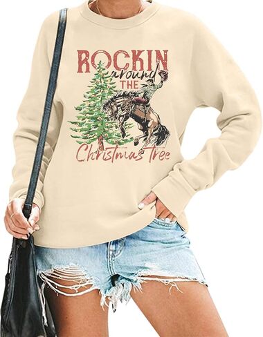 QIANRUO Rocking Around The Christmas Tree Sweatshirt Women Retro Christmas Western Cowboy Shirt Casual Long Sleeve Pullover in Saudi Arabia