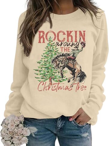 QIANRUO Rocking Around The Christmas Tree Sweatshirt Women Retro Christmas Western Cowboy Shirt Casual Long Sleeve Pullover in Saudi Arabia