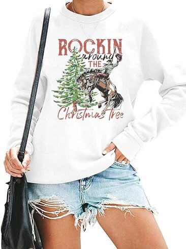 QIANRUO Rocking Around The Christmas Tree Sweatshirt Women Retro Christmas Western Cowboy Shirt Casual Long Sleeve Pullover in Saudi Arabia