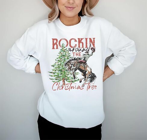 QIANRUO Rocking Around The Christmas Tree Sweatshirt Women Retro Christmas Western Cowboy Shirt Casual Long Sleeve Pullover in Saudi Arabia