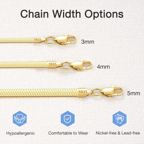 Jewlpire 18K Real Gold Over 925 Sterling Silver Herringbone Necklace for Women, Gold Necklace for Women 3mm/4mm/5mm Herringbone Chain Necklace Dainty Women's Chain Necklaces 16 18 20 22 24 Inch in Kuwait
