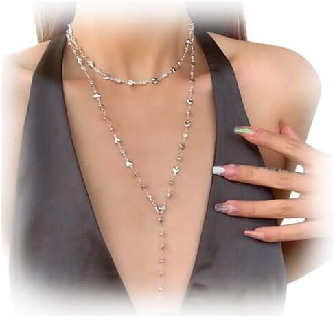 Silver/Gold Rhinestone Long Chest Chain Necklace Sexy Bikini Simple Heart Tassel Clavicle Necklace Summer Multi Layered Bra Body Chain Jewelry for Women in Kuwait