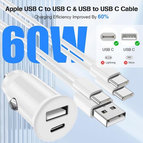 Car Charger for iPhone 15, 40W Dual USB C Car Charger Cigarette Lighter with 2 Pack 3FT USB C to USB C Cable Fast Charging Compatible for iPhone 15 Pro/15 Pro Max, iPad Pro/Air/Mini-White in Saudi Arabia