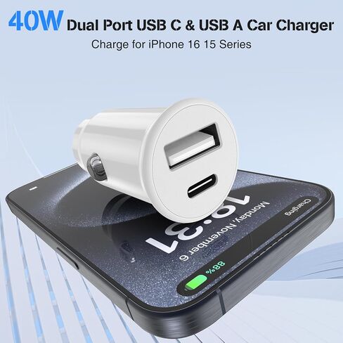 Car Charger for iPhone 15, 40W Dual USB C Car Charger Cigarette Lighter with 2 Pack 3FT USB C to USB C Cable Fast Charging Compatible for iPhone 15 Pro/15 Pro Max, iPad Pro/Air/Mini-White in Saudi Arabia